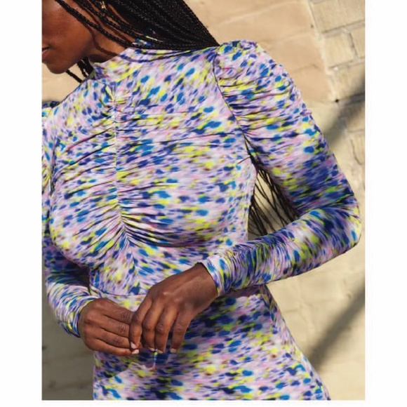 TANYA TAYLOR Zoe Dress Multicolor Ruched Slinky Silk Jersey in Blue Haze Print M - Picture 11 of 14